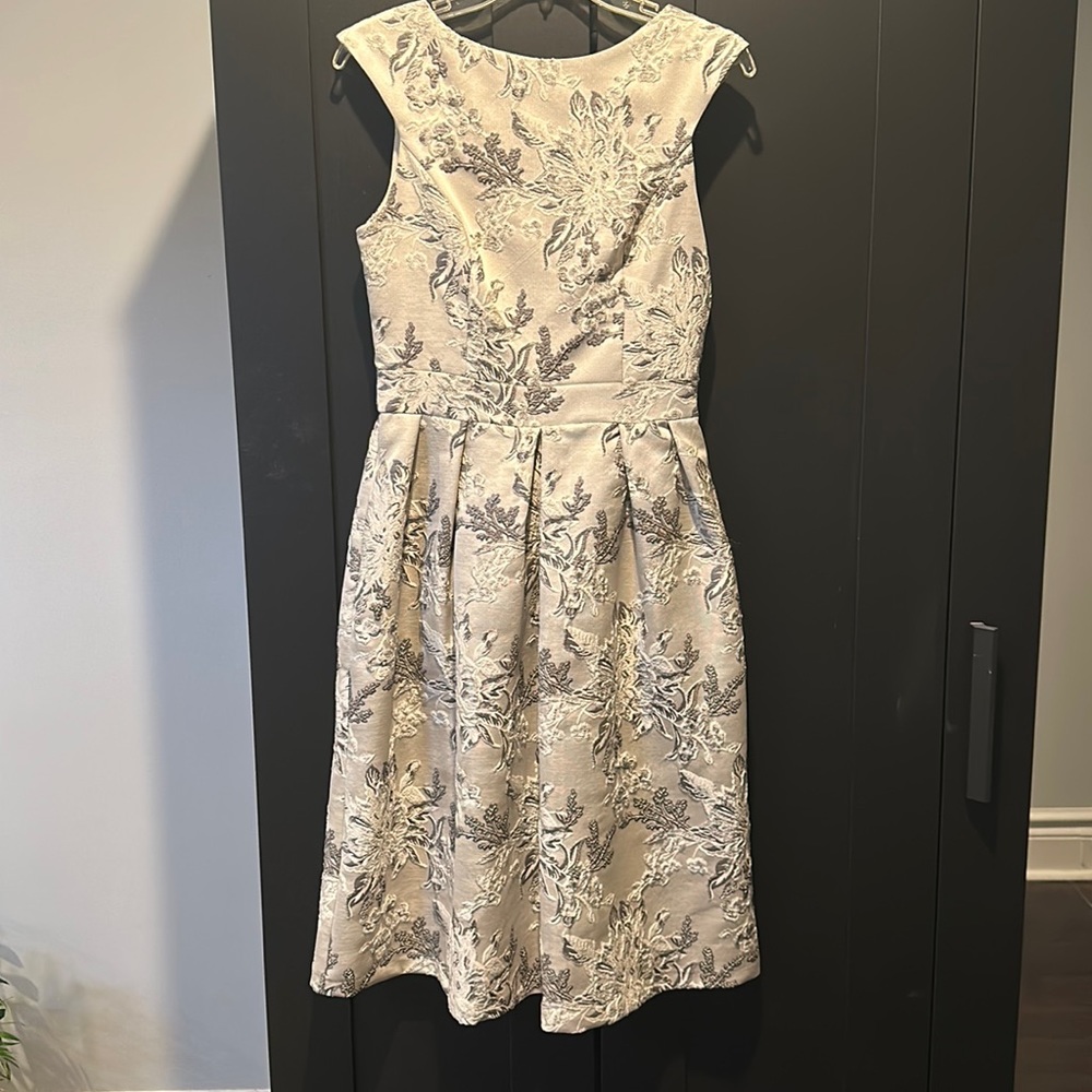 Formal wear mid length dress silver and grey jacquard fitted waist pockets